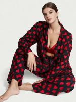Пижама Victoria's Secret L черная с красными сердцами из фланели, рубашка, штаны и резинка д/волос Flannel Long PJ Set