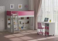 Детская кровать Легенда 42.3.5, кровать-чердак с рабочей зоной для подростка и выдвижным столом, 175 × 75, розовый