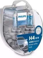 Лампа автомобильная галогеновая H4 Philips WhiteVision ultra 4200К 12V 60/55W P43t (2шт+2шт W5W) 12342WVUSM