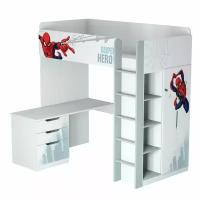 Подростковая кровать Polini kids чердак Marvel 4355 Человек паук с письменным столом и шкафом Белый
