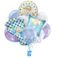 Букет воздушных шаров Ура, сын с гелием (25 шаров + пяточка, подушка и круг)