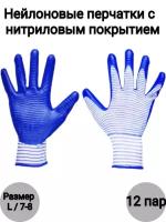 Нейлоновые перчатки с нитриловым покрытием / садовые перчатки / строительные перчатки / хозяйственные перчатки для дачи и дома синие 12 пар