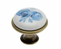 Ручка-кнопка, старая бронза/керамика (синяя роза)