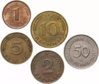Германия, набор из 5 монет (1, 2, 5, 10 и 50 пфеннигов ФРГ) 1950-2001 (дуб, лист, колосья, сноп) M151901