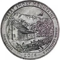 Монета номиналом 25 центов, США, 2014, "Национальный парк Грейт-Смоки-Маунтинс (Теннесси)" D