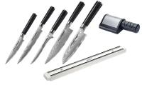SD-0250МБДЭТ набор из 5-ТИ кухонных ножей SAMURA DAMASCUS универсальный, слайсер, обвалочный, ШЕФ, сантоку, магнитный держатель и электроточилка