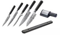 Набор из 5-ТИ кухонных ножей SAMURA DAMASCUS универсальный, слайсер, обвалочный, ШЕФ, сантоку, магнитный черный держатель и эктроточилка