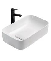 Раковина накладная в ванную, прямоугольная, белая, без перелива, с керамической накладкой на сливное отверстие
