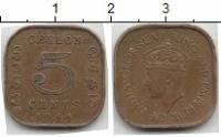 Клуб Нумизмат Монета 5 центов Цейлона 1944 года Латунь Георг VI