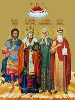 Икона на дереве ручной работы - Иоанн, Николай, Ксения и Даниил, 9х12х1,8 см, арт Ид4995