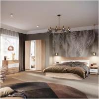 Спальный гарнитур Антария Сонома/белый двуспальная кровать 160х200 см, шкаф, комод, тумбы