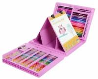 Чемоданчик "Набор Юного художника" для рисования 208 предметов (маркеры, карандаши, пастель, краски) с мольбертом, розовый