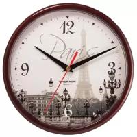 Часы настенные TROYKA 91931927, круг, с рисунком "Paris", коричневая рамка, 23х23х4 см