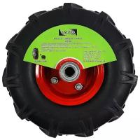 Колесо для тачки разборное UYUT 4.10/3.50-4, PU литое, колесо D 255 мм., вн. подшипник D 16 мм., не симметричное с грунтозахватами, красное