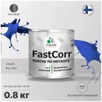 Краска по металлу Malare FastCorr по ржавчине, антикоррозионная, быстросохнущая, матовая, RAL 5005, синий, 0,8 кг
