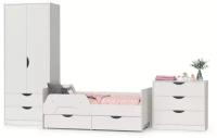 Мебель для детской Уна: кровать с ящиками + комод + шкаф для одежды, цвет белый(структура Поры дерева), спальное место 800х1600 мм, без матраса