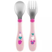 Набор столовых приборов Metal Cutlery 18м+ (ложка, вилка), розовый, Chicco, Кухонные принадлежности