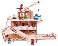 Детская многоуровневая игрушечная парковка для машинок деревянная . Модель для сборки, гараж - с краном