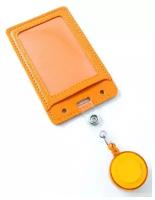 Бейдж оранжевый с ретрактором рулеткой / картхолдер / держатель для бейджа с карманом для карты пропуска проездного