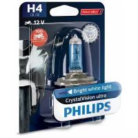 Лампа галогенная Philips H4 12V- 60/55W (P43t) (белый яркий свет) CrystalVision Ultra Moto (1 шт.)