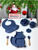 Набор силиконовой посуды для кормления, секционная тарелка на присоске, миска, нагрудник, посуда детская, цвет красный