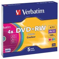 Оптический диск DVD+RW VERBATIM 4.7Гб 4x, 5шт., slim case, разноцветные [43297]