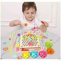 Набор "Монтессори 6 в 1" /Деревянные развивающие игрушки Монтессори / Мозаика сортер и магнитная рыбалка / Развивающие игры для детей от 3 лет