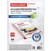 BRAUBERG Папки-файлы перфорированные A4 Economy, гладкие, 30 мкм 100 шт. прозрачные