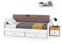 Молодёжная кровать с ящиками Вуди с тумбочкой и полкой, цвет белый премиум/дуб крафт золотой/саванна латте, спальное место 900х2000 мм