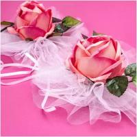 Объемные банты "Розовые розы" на ручки и зеркала авто с гофрированными листочками для свадебного декора лимузина молодоженов, в наборе 2 штуки
