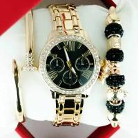 Подарочный набор женские наручные часы с двумя браслетами, золото-черный