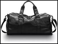 Мужская кожаная сумка спортивная, дорожная, черная с карманом для обуви / 2022 / через плечо