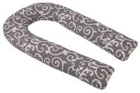 Подушка Body Pillow для беременных U холлофайбер, с наволочкой из хлопка серый с белыми вензелями