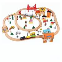 Детская развивающая деревянная железная дорога с электрическим поездом и дополнительными аксессуарами , подарок мальчику и девочке-108 деталей
