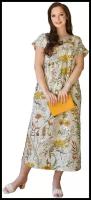 Женское платье повседневное Кострома Желтый размер 46 Полулен Оптима трикотаж рисунок Цветы округлый вырез короткий рукав с карманами