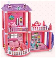 Кукольный домик Lovely Villa 976 с семьей, двухэтажный, 3 комнаты, терраса, с набором мебели, 47х43х17 см