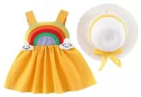 Комплект летней одежды для девочки сарафан желтый с радугой на лямках и белая шляпка с желтой лентой размер 90/ Красивый комплект одежды для девочки