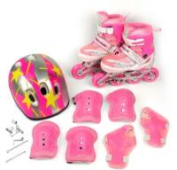 Розовые раздвижные роликовые коньки, шлем, защита коленей, локтей, кистей, сумка, размер S (30-33)