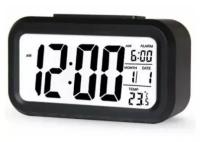 Часы будильник с автоматической подсветкой, термометром и календарем черные.