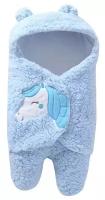 Конверт прогулочный голубого цвета с единорогом для новорожденного размер 59/ Конверт на выписку/Одеяло теплое с капюшоном