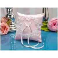 Свадебная подушка для колец жениха и невесты "Акварель" из розового атласа с кружевом айвори и атласным бантиком