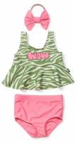50668, Купальник раздельный для девочек UPF 50+ Happy Baby топ и плавки, повязка на волосы, солнцезащитный, зеленый, ярко-розовый, в полоску, 92-98