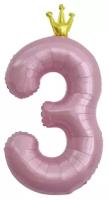 Воздушный шар фольгированный Falali Цифра 3, Золотая корона, розовый, 102 см