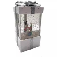 Шар со снегом / Снежный шар новогодний с подсветкой и музыкой в виде коробки с подарком Снеговик с подсветкой, музыкой и USB-зарядкой Белый - Серебряный