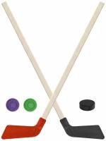 Набор зимний: 2 Клюшки хоккейных красная и чёрная 80 см.+2 шайбы + Шайба хоккейная детская 60 мм Задира-плюс