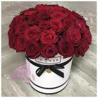 51 красная роза Ред Наоми в белой шляпной коробке