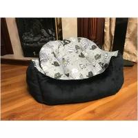Лежак для кошек и собак круглый с двусторонней подушкой, текстиль, синтепон, черно-серый 30х40х10 см