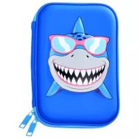 Пенал школьный Mazari "Shark" на молнии голубой с акулой 3D