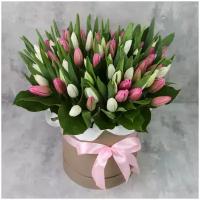 Цветы живые букет из 101 белого и розового тюльпана в шляпной коробке "Нежность души"
