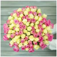 Букет живых цветов из 101 белой розовой розы 40см